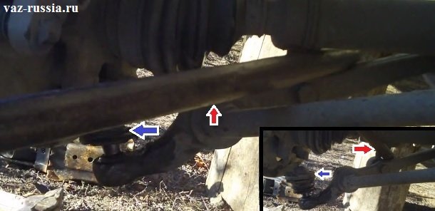 Продевание монтажной лопатки (Указана красной стрелкой) между рычагов, и используя лопатку как рычаг отведение шаровой опоры (Указана синей стрелкой) от самого поворотного кулака