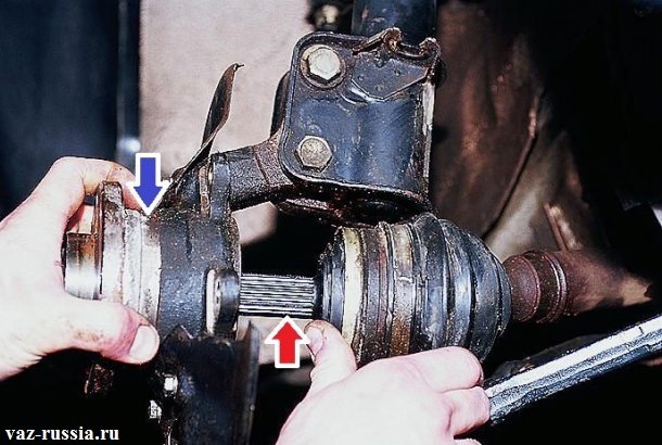 Отведение шруса который указан красной стрелкой (Ту часть шруса которую нужно отвести, называют ещё гранатой) от поворотного кулака который указан синей стрелкой